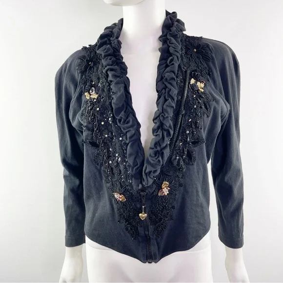 Vintage Phun Shirts of California Black Embroidered & Embellished Ruffle Jacket - Picture 6 of 10